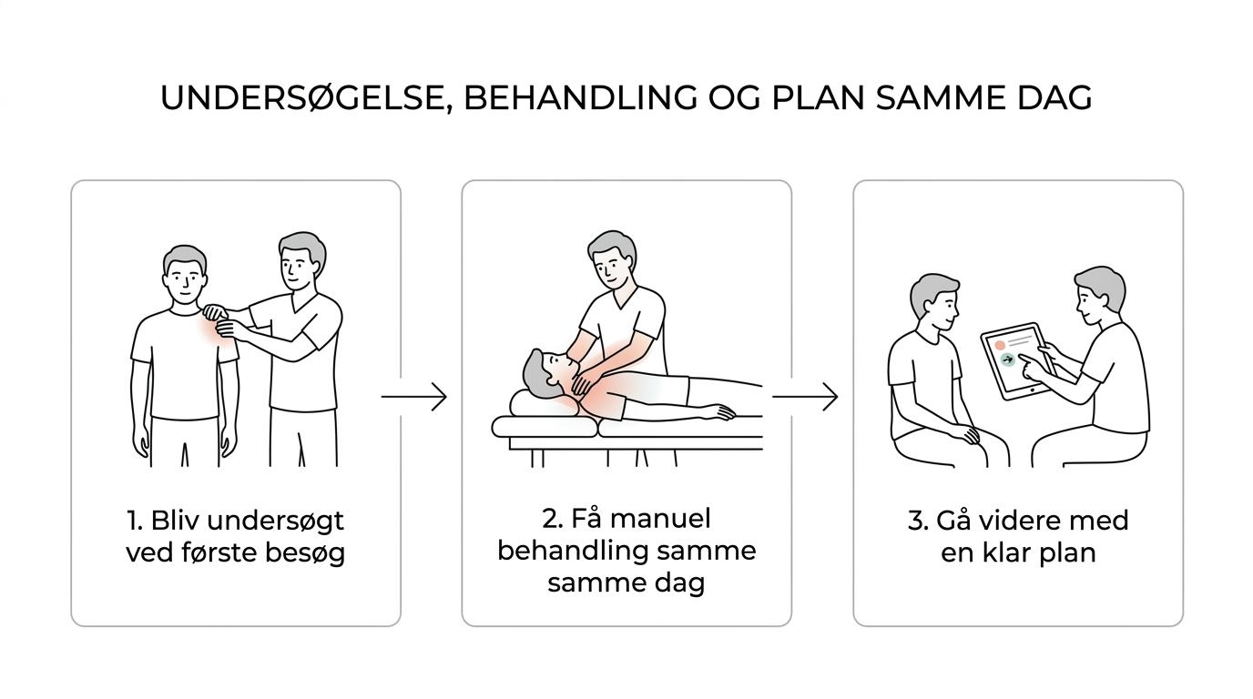 Tre trin i første konsultation: undersøgelse, manuel behandling samme dag og plan for næste skridt.