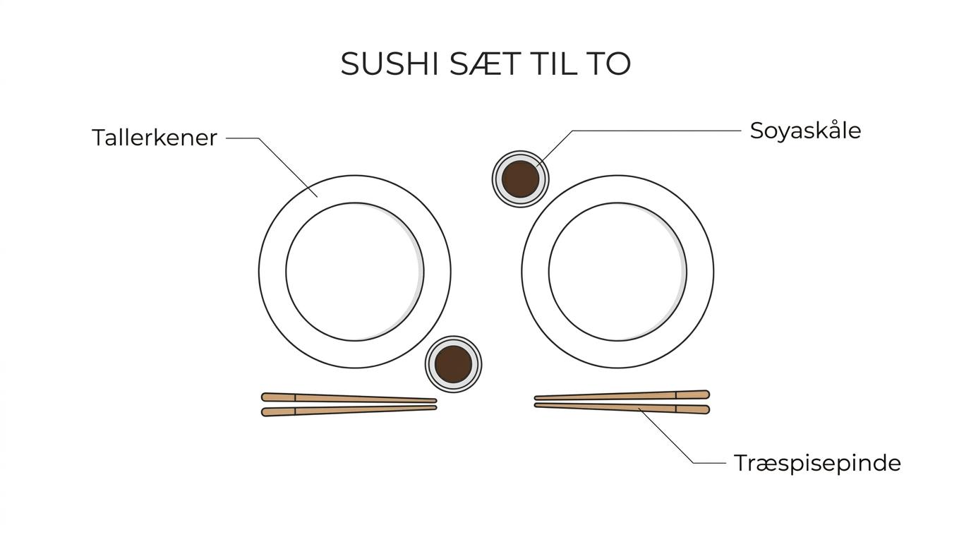 Et komplet sushi sæt til to med to tallerkener, to soyaskåle og to sæt træspisepinde vist med tydelige labels.