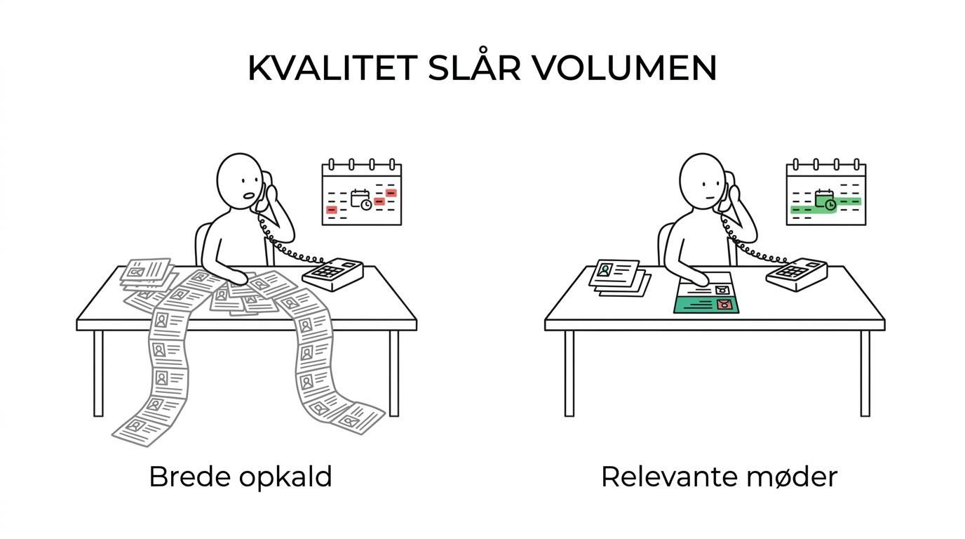 Sammenligning mellem et volume-drevet telemarketingbureau og et kvalitetsdrevet bureau til cybersecurity-outreach.