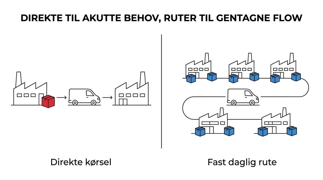 Sammenligning af direkte kørsel og faste daglige ruter med typiske anvendelser for unikke kritiske forsendelser versus gentagne transporter mellem byer.