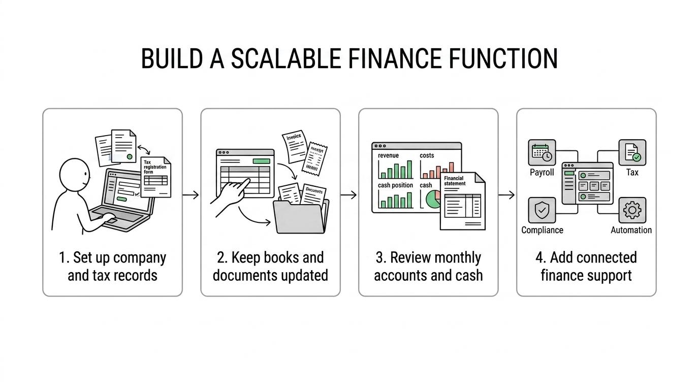 A step-by-step flow showing startup accounting in Pakistan from incorporation and tax registration to bookkeeping, management reporting, and outsourced finance support.
