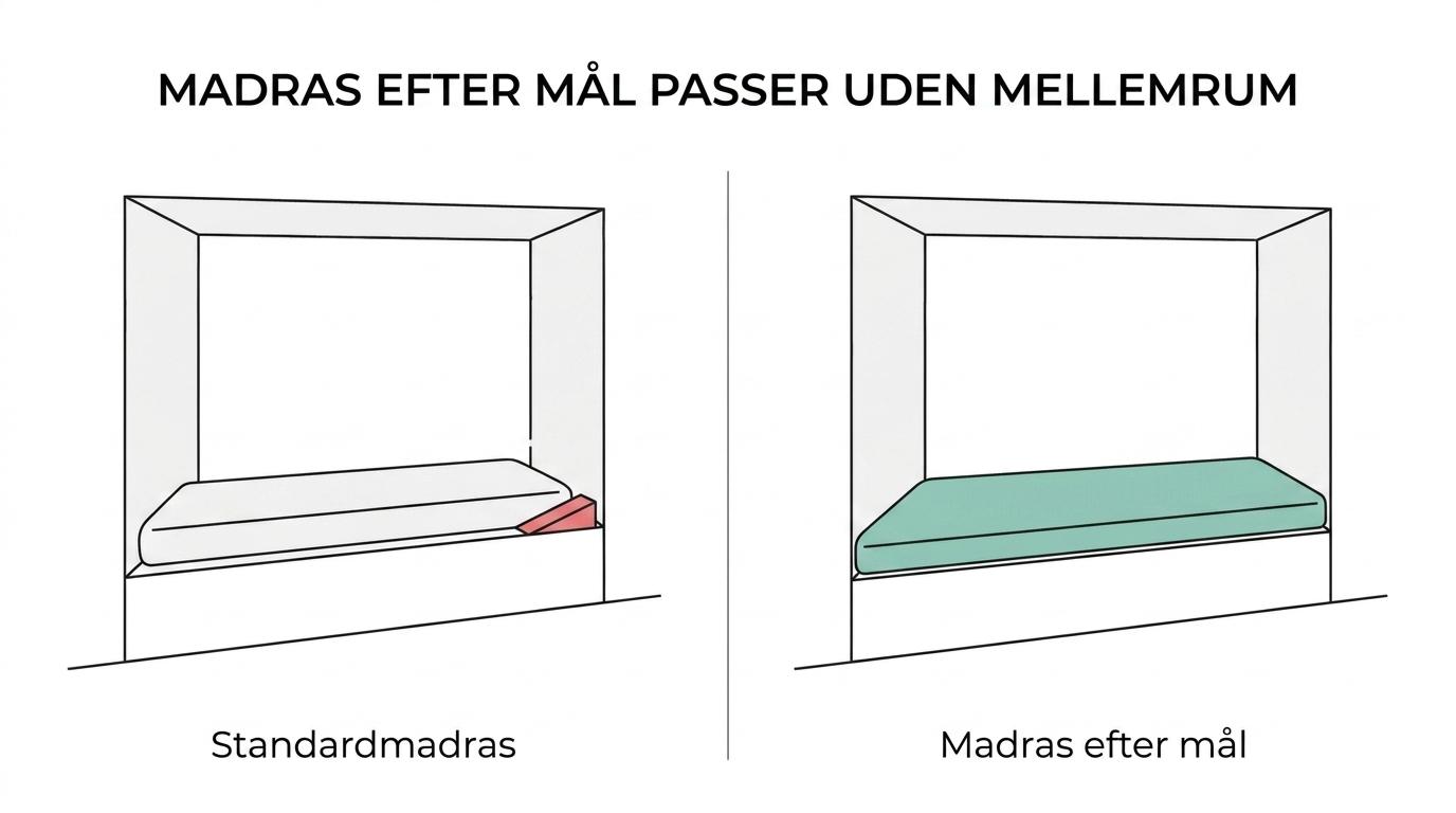 Side-by-side visning af en alkoveseng med en standardmadras, der efterlader mellemrum, og en specialmadras, der passer præcist i nichen.