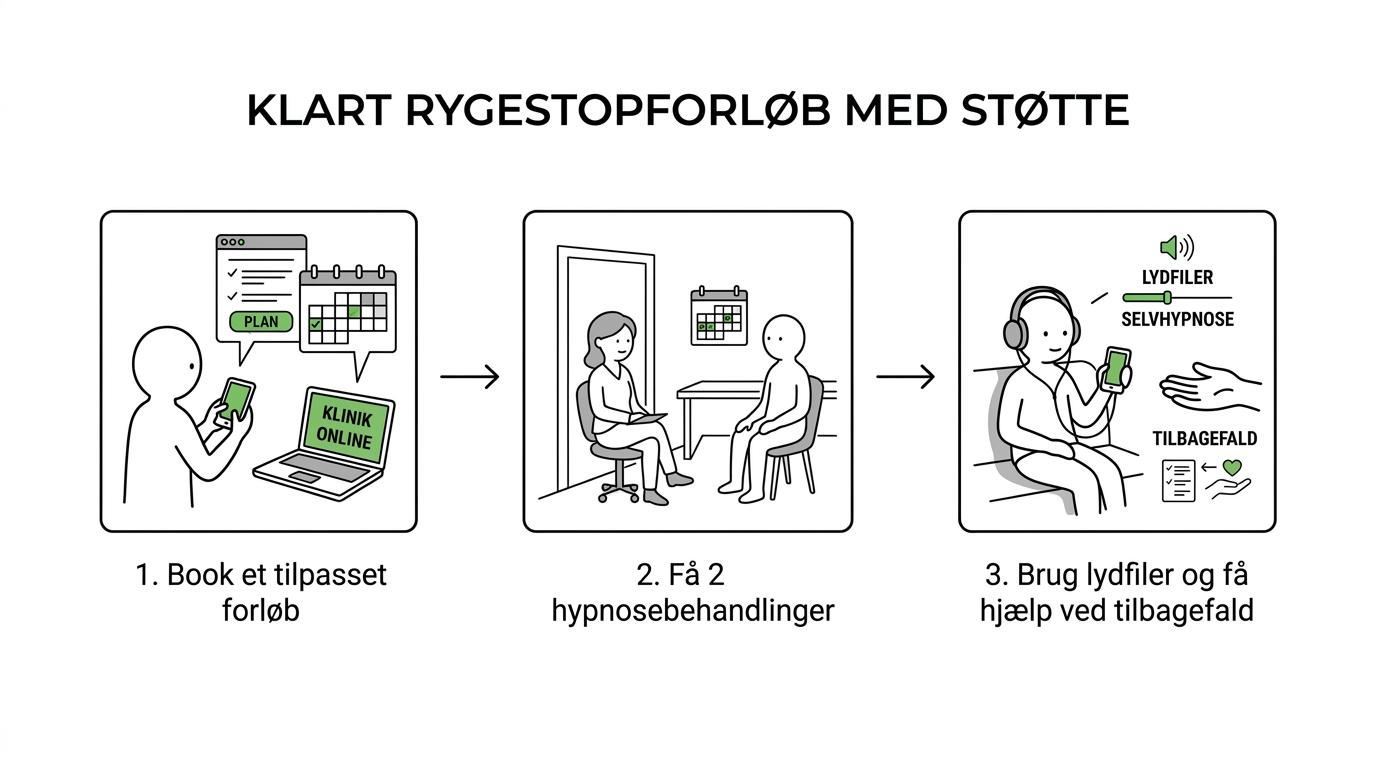 Klinik Careteam, rygestop behandling i Nordjylland 1 Trinvis oversigt over Klinik Careteams rygestopforløb med personlige triggere, to hypnosebehandlinger, lydfiler, selvhypnose og ekstra hjælp ved tilbagefald.