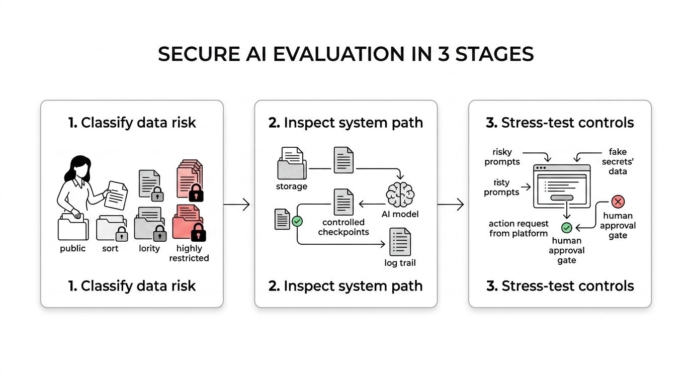 Three-step flow showing secure AI platform evaluation: classify data risk, inspect the system path, and run adversarial tests.