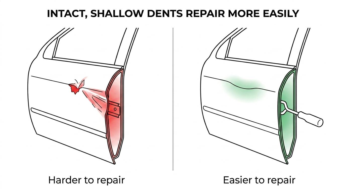Side-by-side car door dents showing a shallow intact-paint ding versus a sharp creased dent with chipped paint.