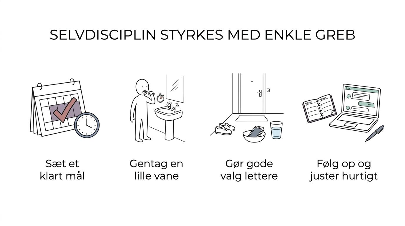 Diagram med syv elementer for selvdisciplin: klare mål, små vaner, friktion mod fristelser, hvis-så-planer, ugentlig opfølgning, følelsesstyring og justering efter tilbagefald.