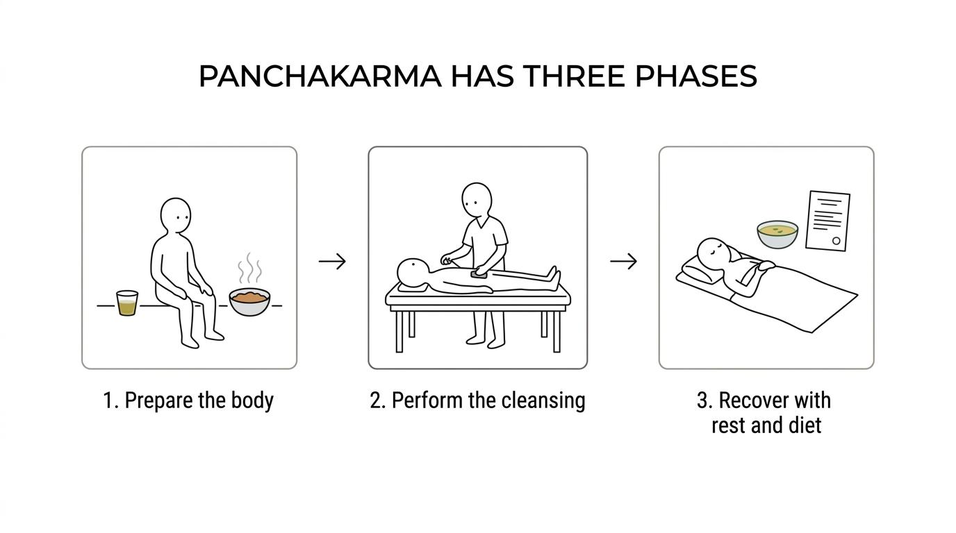 A step-by-step diagram showing panchakarma as assessment, preparation, main procedure, and recovery.