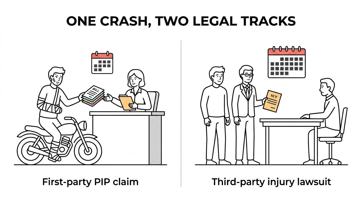 Side-by-side comparison of a Michigan motorcycle PIP claim versus a pain-and-suffering lawsuit, including insurer source, fault basis, and filing deadlines.
