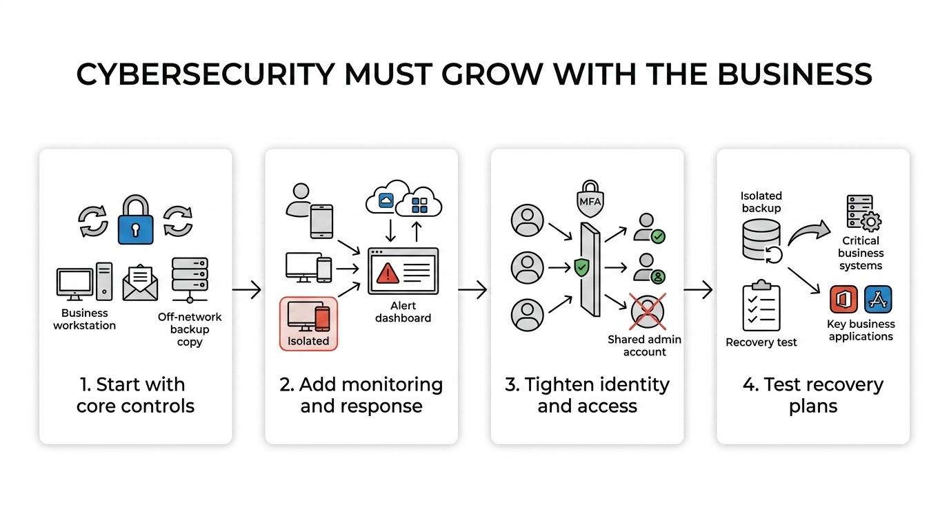Three-stage growth diagram showing a small business expanding from a lean team to a larger multi-location company, with cybersecurity services advancing from basic protections to stronger monitoring, access controls, and recovery planning.
