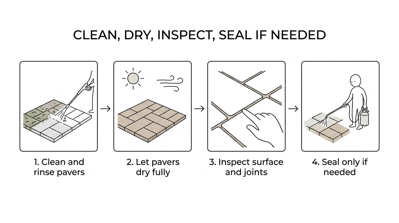 Five-step paver maintenance flow showing cleaning, rinsing, drying, joint sand inspection, and the final seal-or-wait decision.