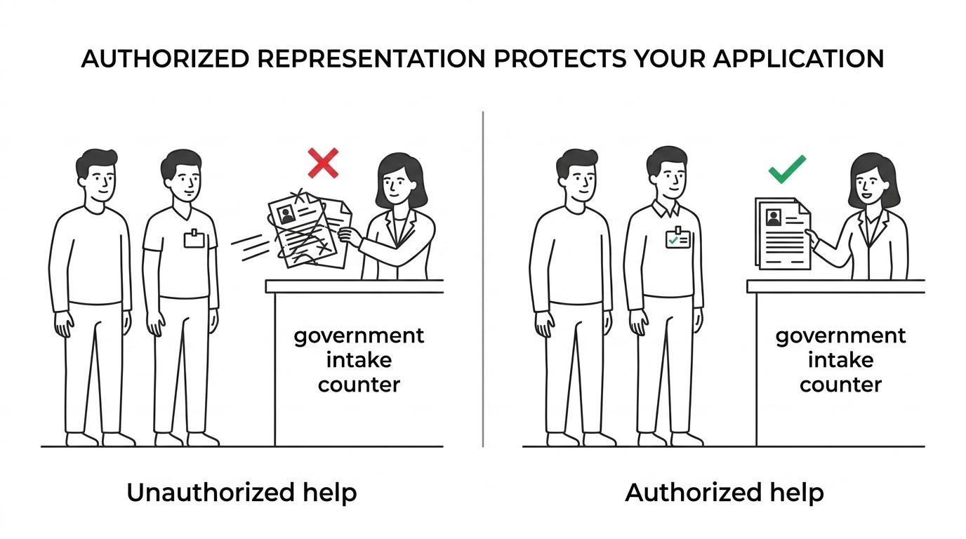 Side-by-side comparison of a licensed Canadian immigration consultant and an unauthorized paid representative, showing differences in permitted services and application risk.