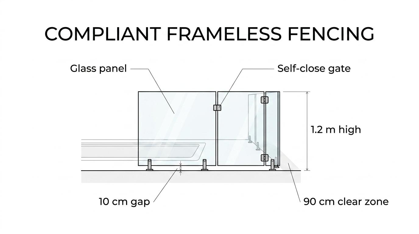 Labeled frameless glass pool fence around a backyard pool showing gate, fence height, bottom gap and non-climbable zone.