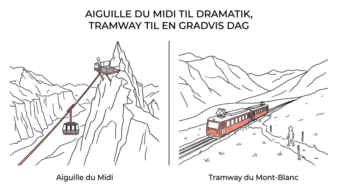 Side-by-side sammenligning af Aiguille du Midi og Tramway du Mont-Blanc med forskelle i højde, oplevelse og hvem de passer bedst til.