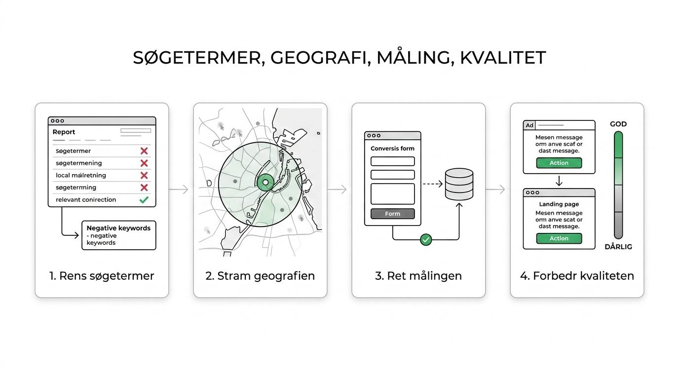 Fire trin i en Google Ads-analyse: søgetermer, geografi, kvalitet og tracking.