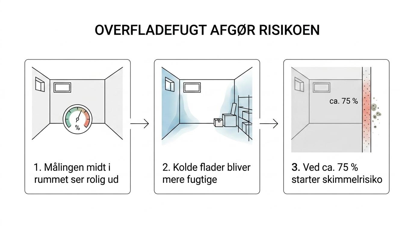 Trinvis illustration af varm fugtig luft i en kælder, der møder en kold væg, så fugten stiger ved overfladen og kan føre til skimmel.