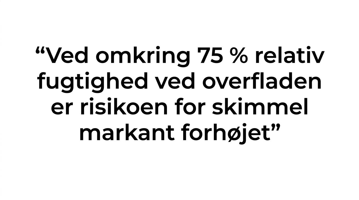 Citatgrafik med budskabet om, at skimmelrisikoen stiger markant omkring 75 procent relativ fugtighed ved materialets overflade.