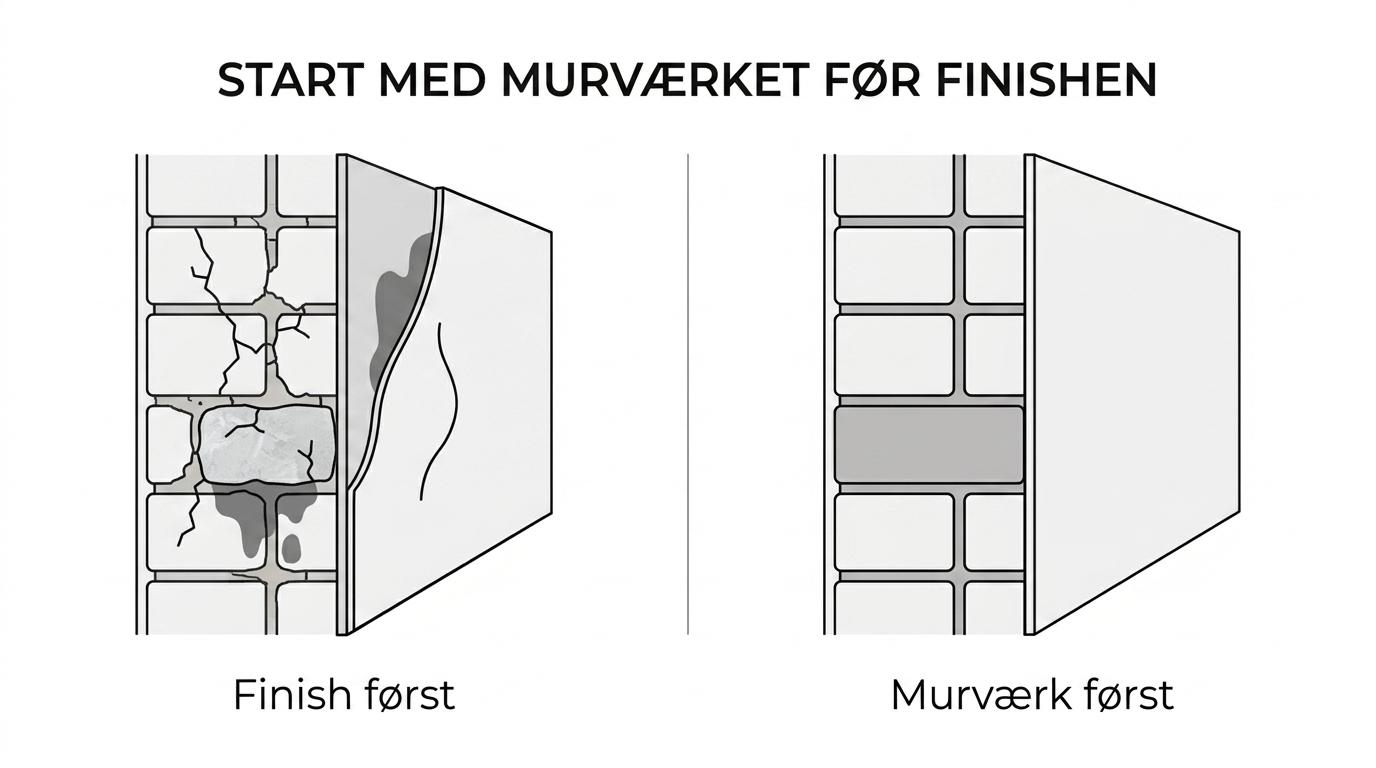 Side-by-side af en facade med skjulte skader bag ny overflade og en facade, hvor fuger og beskadigede sten er udbedret før finishen.