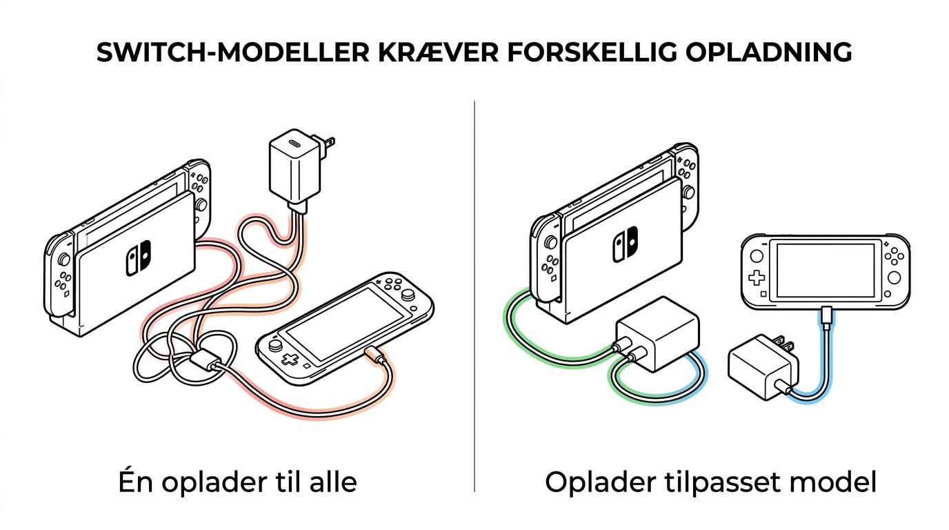 Side-by-side comparison of Nintendo Switch, Switch OLED, and Switch Lite charging specs, including USB-C use, USB PD support, watt range, and dock compatibility.
