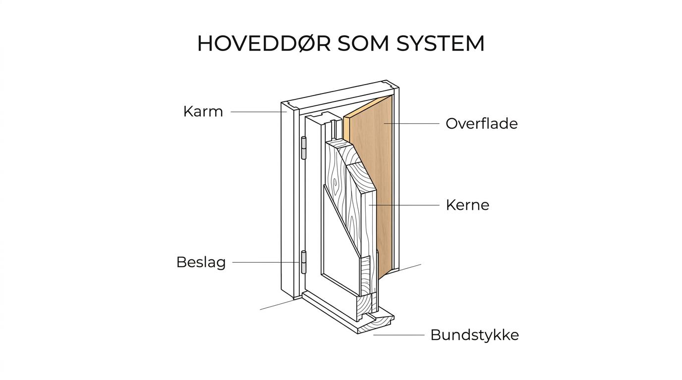 Annotated oak front door installation showing frame, threshold, clear opening width, opening direction, landing area, and exterior hardware.