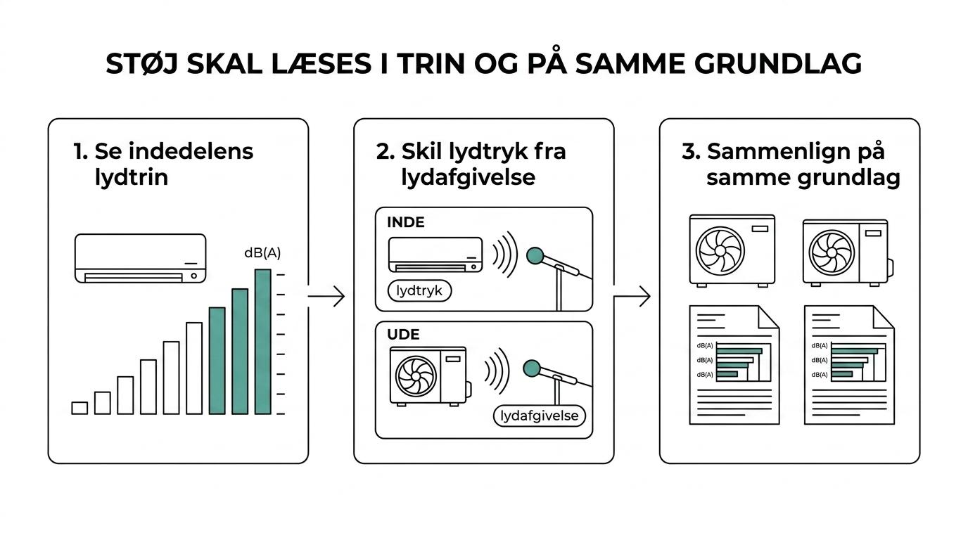 Trinvis guide til at vurdere varmepumpestøj ud fra indedelens dB-trin, forskellen på lydtryk og lydeffekt samt korrekt modelsammenligning.