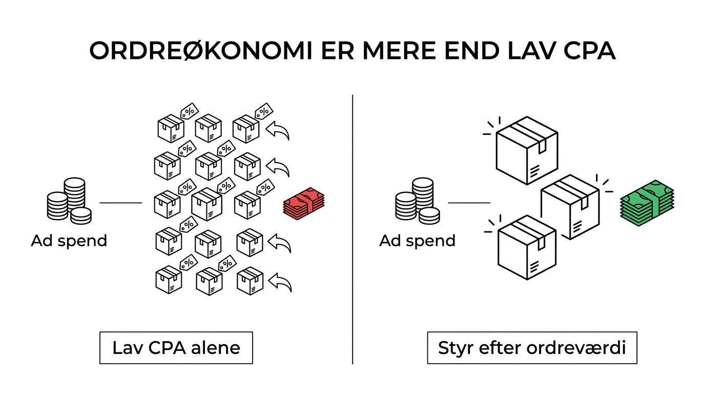 Sammenligning af CPA-styring og CPO- eller værdibaseret styring i en webshop med fokus på volumen, ordreværdi, margin og retur.