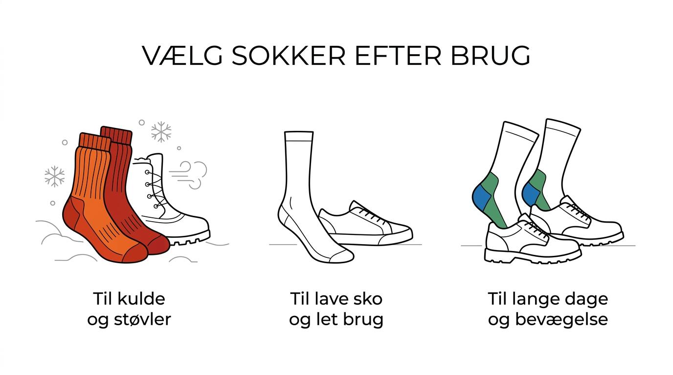 Infografik med de vigtigste hensyn ved valg af sokker: kulde, lave sko, lange arbejdsdage, let sommerbrug og træning.