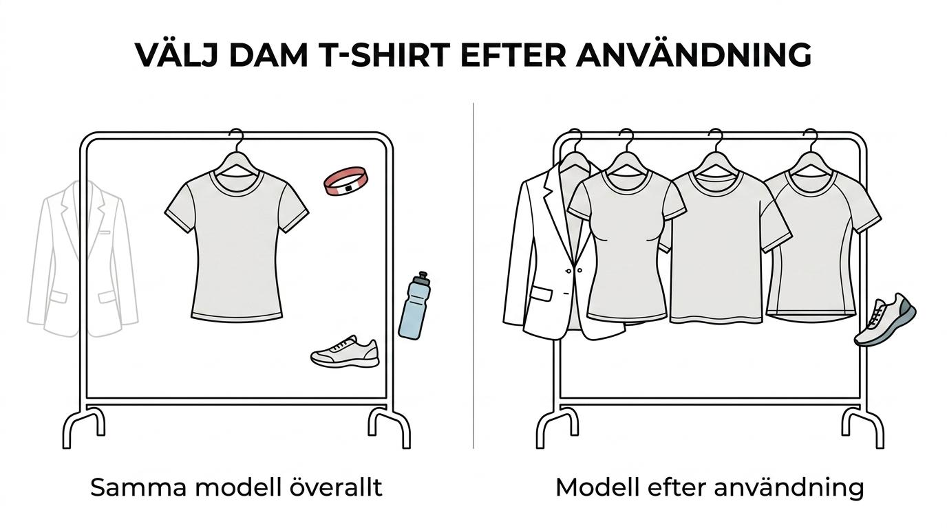 Jämförelse sida vid sida mellan en figurnära ekologisk dam-T-shirt i bomull och en återvunnen performance-T-shirt med fokus på passform, material och användningsområde.