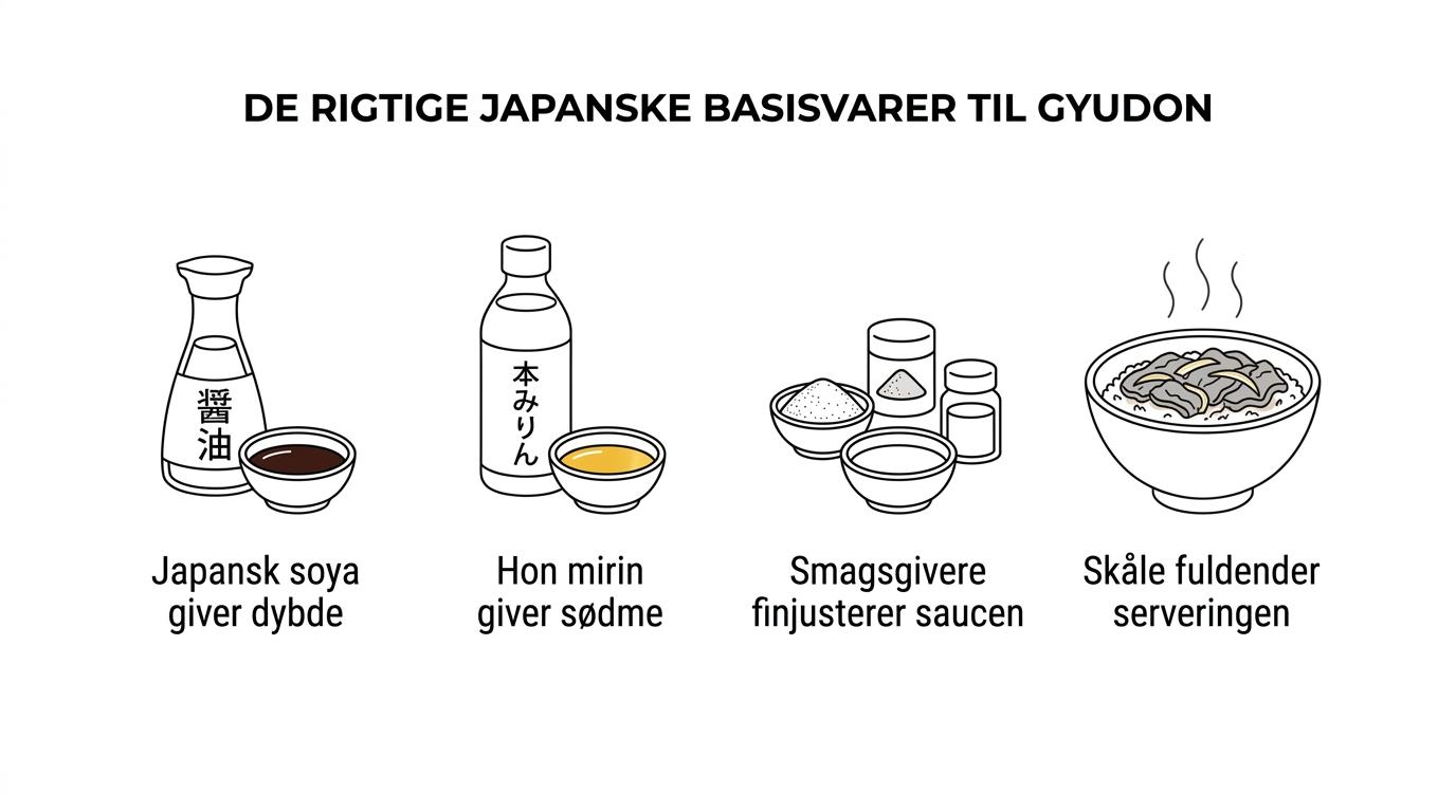Oversigt over gyudon-nøgler: japansk soyasauce, hon mirin, smagsgivere og serveringsskål omkring en skål gyudon.