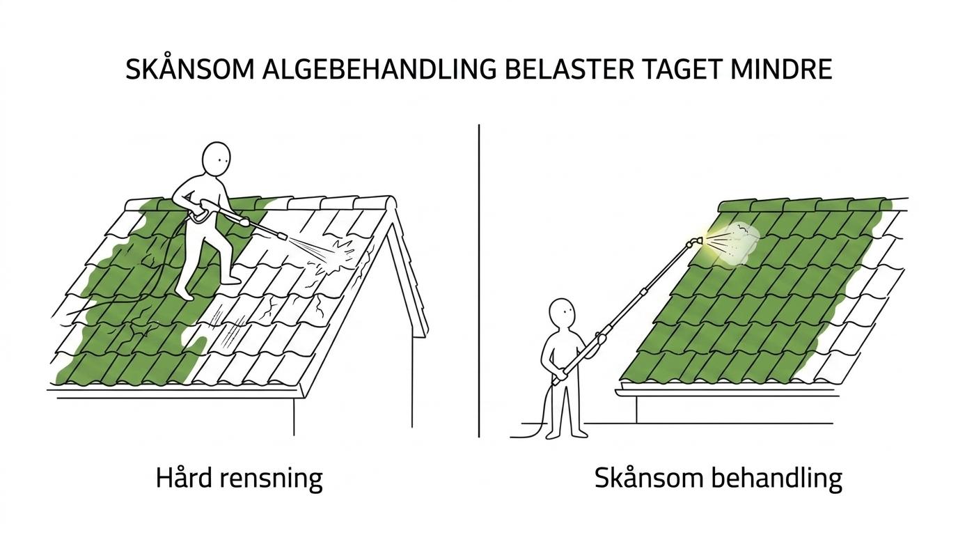 Sammenligning af skånsom algebehandling med speciallanse og hårdhændet tagrensning med højtryk på et tag.