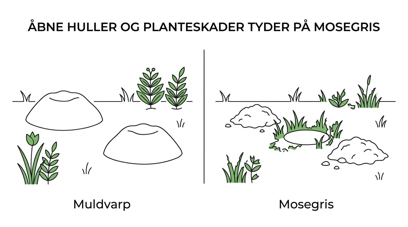 Side om side ses mindre, ujævne mosegrisskud med åbent hul og gnavede planter samt større, mere ensartede muldvarpeskud uden planteskader.