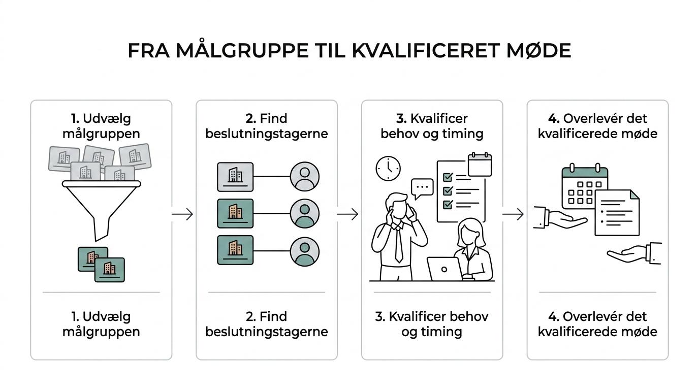 Diagram, der viser mødebookingprocessen fra målgruppe og beslutningstagere til kvalificeret møde, rapportering og opfølgning.
