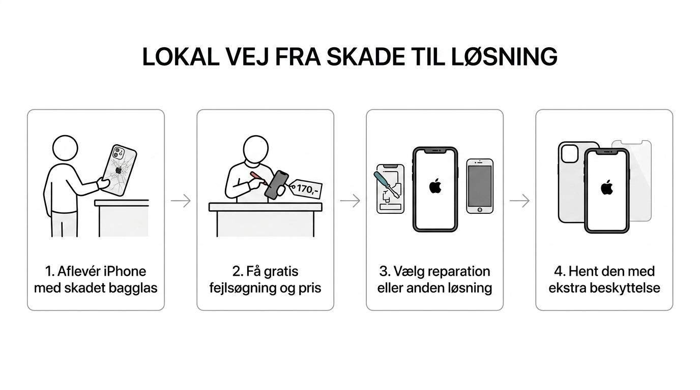 Trinvis oversigt over iPhone bagglasreparation med gratis diagnostik, prisvurdering, reparation eller alternativ og ny beskyttelse.
