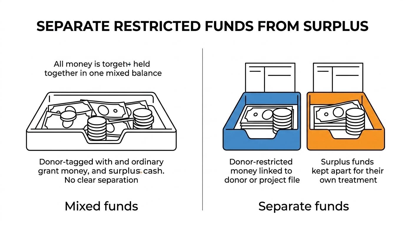Side-by-side comparison of restricted donor funds versus unrestricted or surplus funds in NGO accounting.