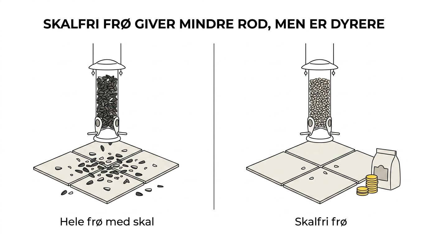 Sammenligning af hele solsikkefrø med skaller under en feeder og skalfri solsikkekerner med langt renere underlag.