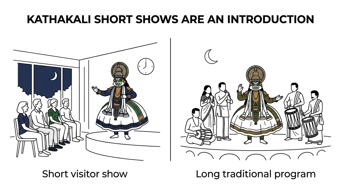 Side-by-side comparison of traditional overnight Kathakali and a shorter visitor performance, highlighting duration, format, and audience experience.