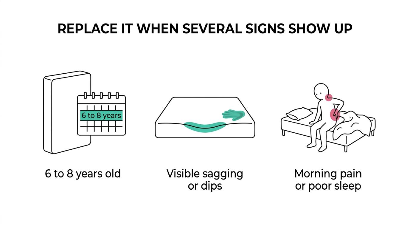 Checklist of mattress replacement signs such as age, sagging, body impressions, pain, stiffness, poor sleep, noise, damage, and topper failure.