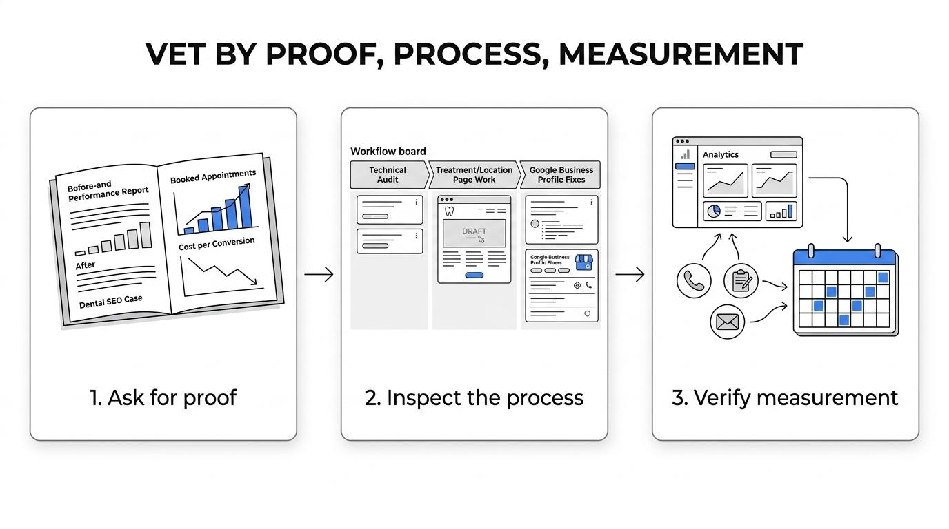 Three-step workflow for choosing a dentist SEO company: proof, process, and measurement.