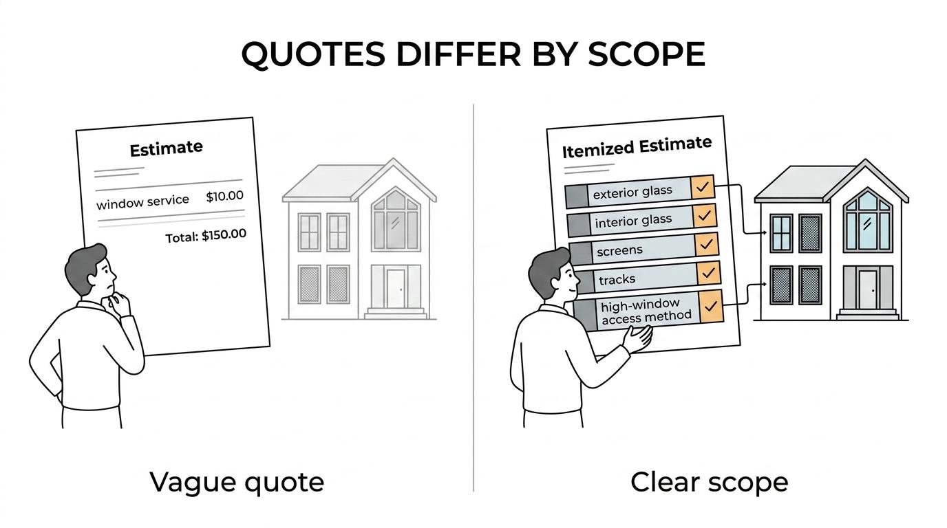 Side-by-side comparison of exterior-only window washing and full interior-and-exterior window cleaning, showing differences in glass, screens, tracks, sills, and upper-window access.