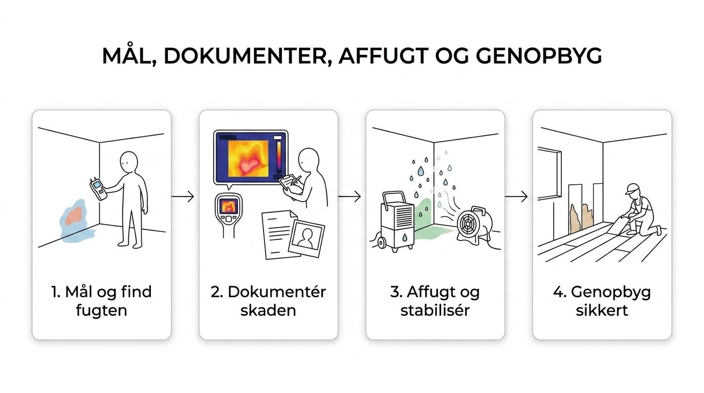 Flow over et fugtskadeforløb med akut udrykning, fugtmåling, dokumentation, affugtning, forsikringsdialog og genopbygning.