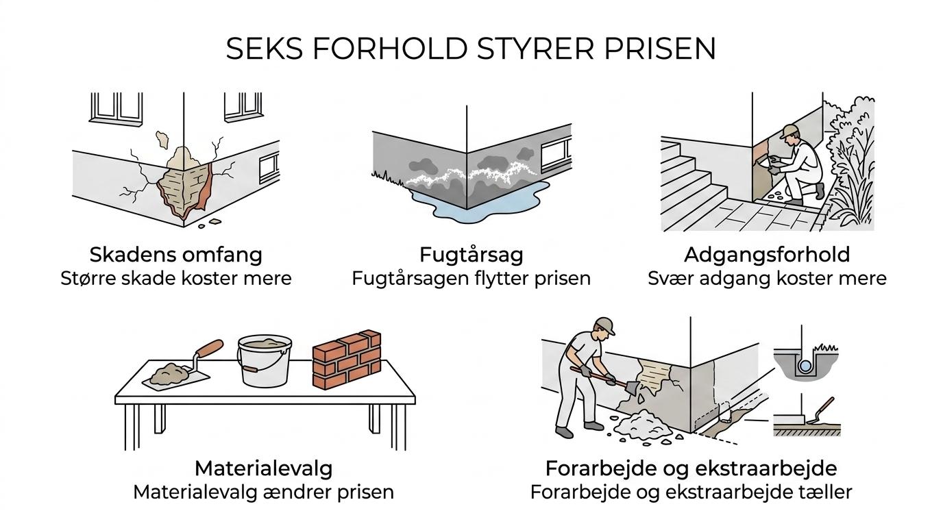 Oversigt over seks prisdrivere ved sokkelreparation: skadens omfang, fugtårsag, adgangsforhold, materialevalg, forarbejde og ekstraarbejder.