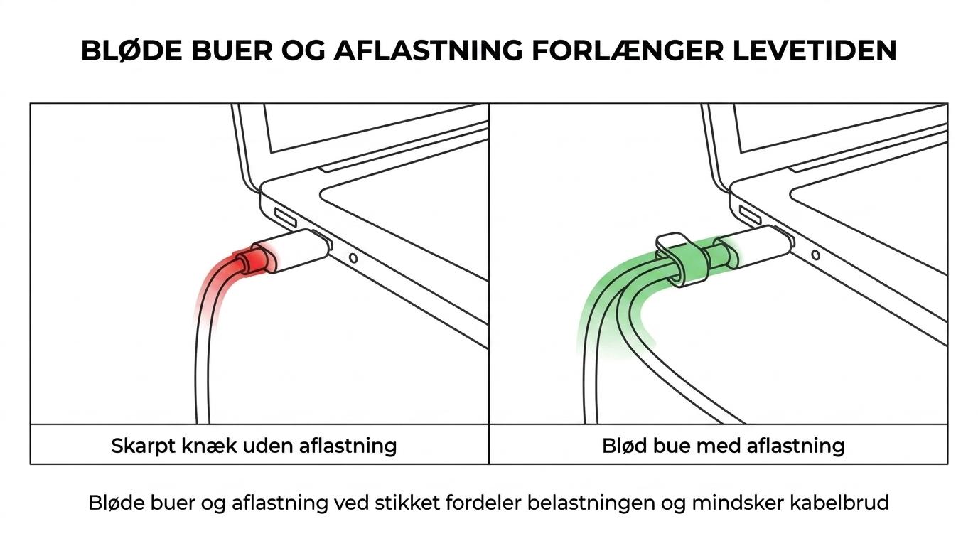 Side om side visning af et kabel med skarpt knæk og træk ved stikket versus et kabel med blød bue og korrekt aflastning ved forbindelsen.