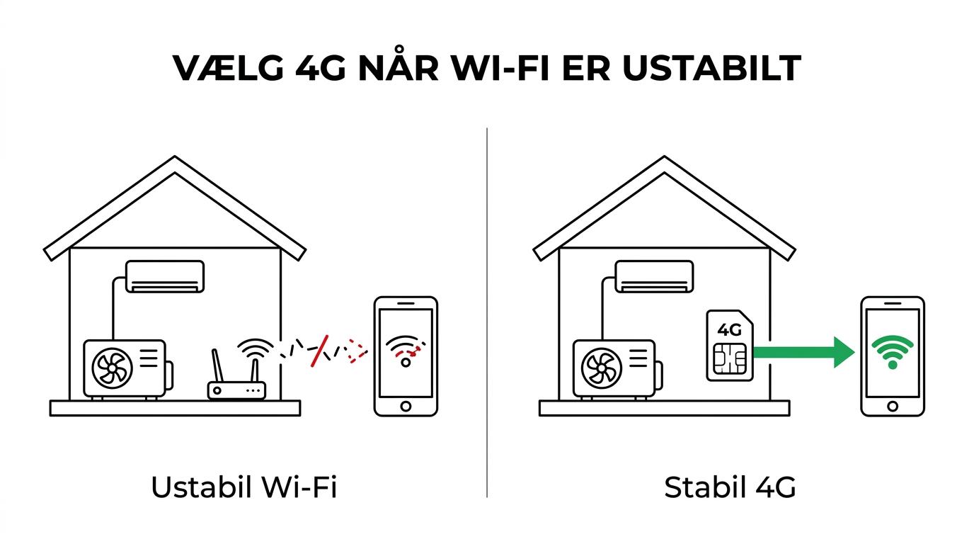 Sammenligning af indbygget Wi‑Fi, Wi‑Fi-adapter og 4G-modul til appstyring af varmepumpe i sommerhus.