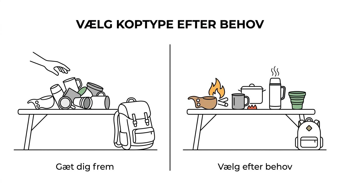 Fem udendørskopper side om side: kuksa i træ, stålkrus, termokrus, foldekop og emaljekop med korte brugsnoter.