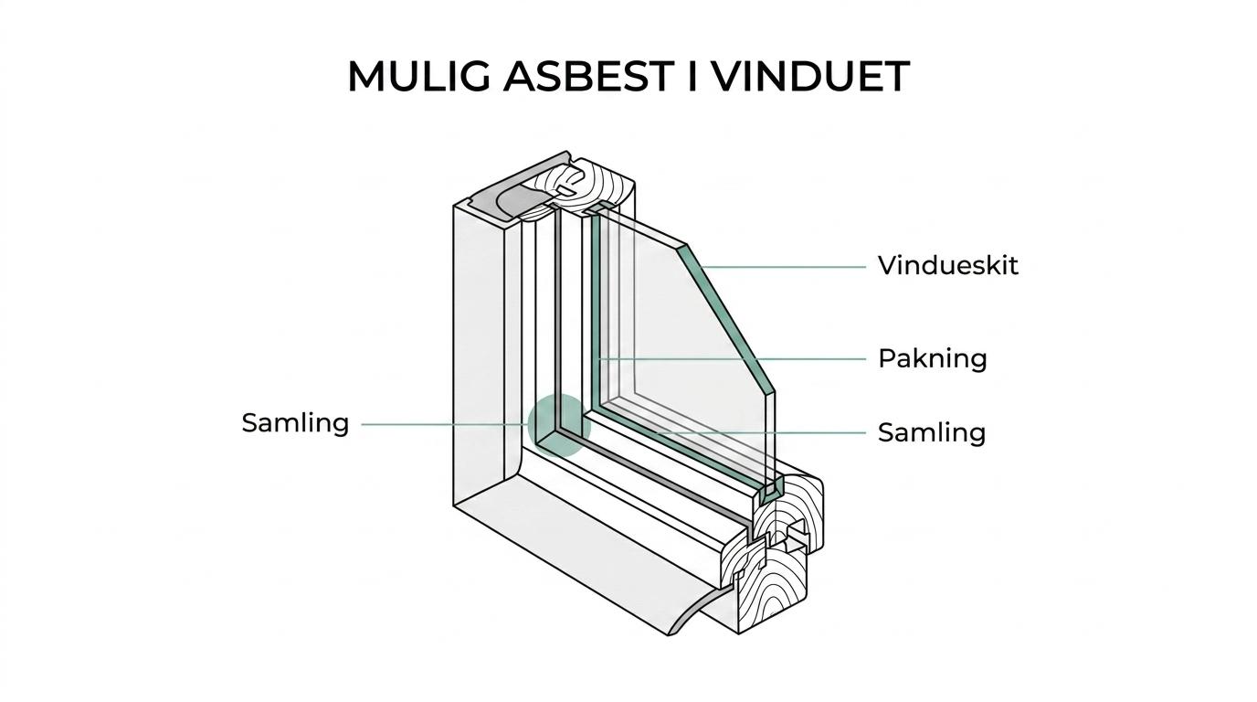 Mærket tegning af et ældre vindue med kit, pakning, rude og ramme som mulige asbestpunkter.