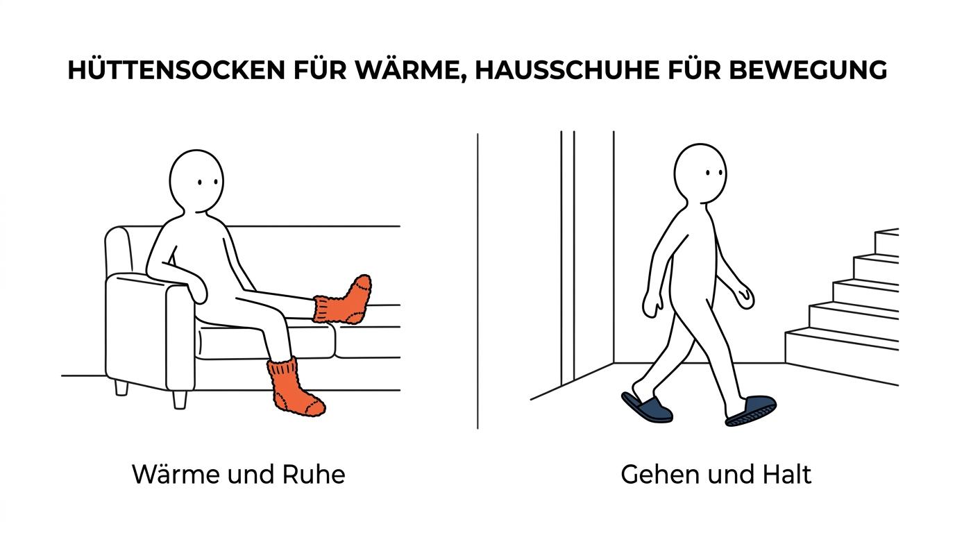 Gegenüberstellung von Hüttensocken und Hausschuhen mit ihren jeweiligen Vorteilen bei Wärme, Komfort, Grip und Sicherheit.