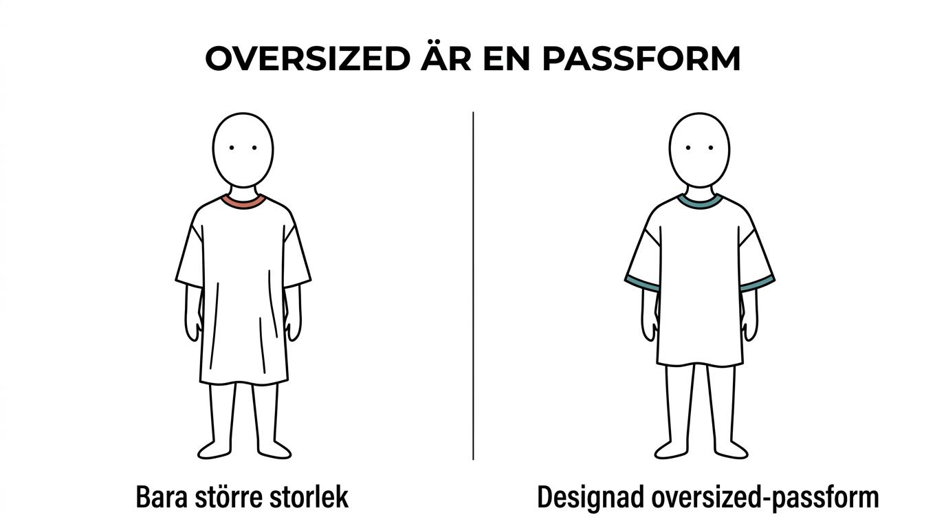 Två t-shirts sida vid sida: en med medvetet oversized passform med sänkt axel och bredare silhuett, och en vanlig modell som bara är större i storlek.