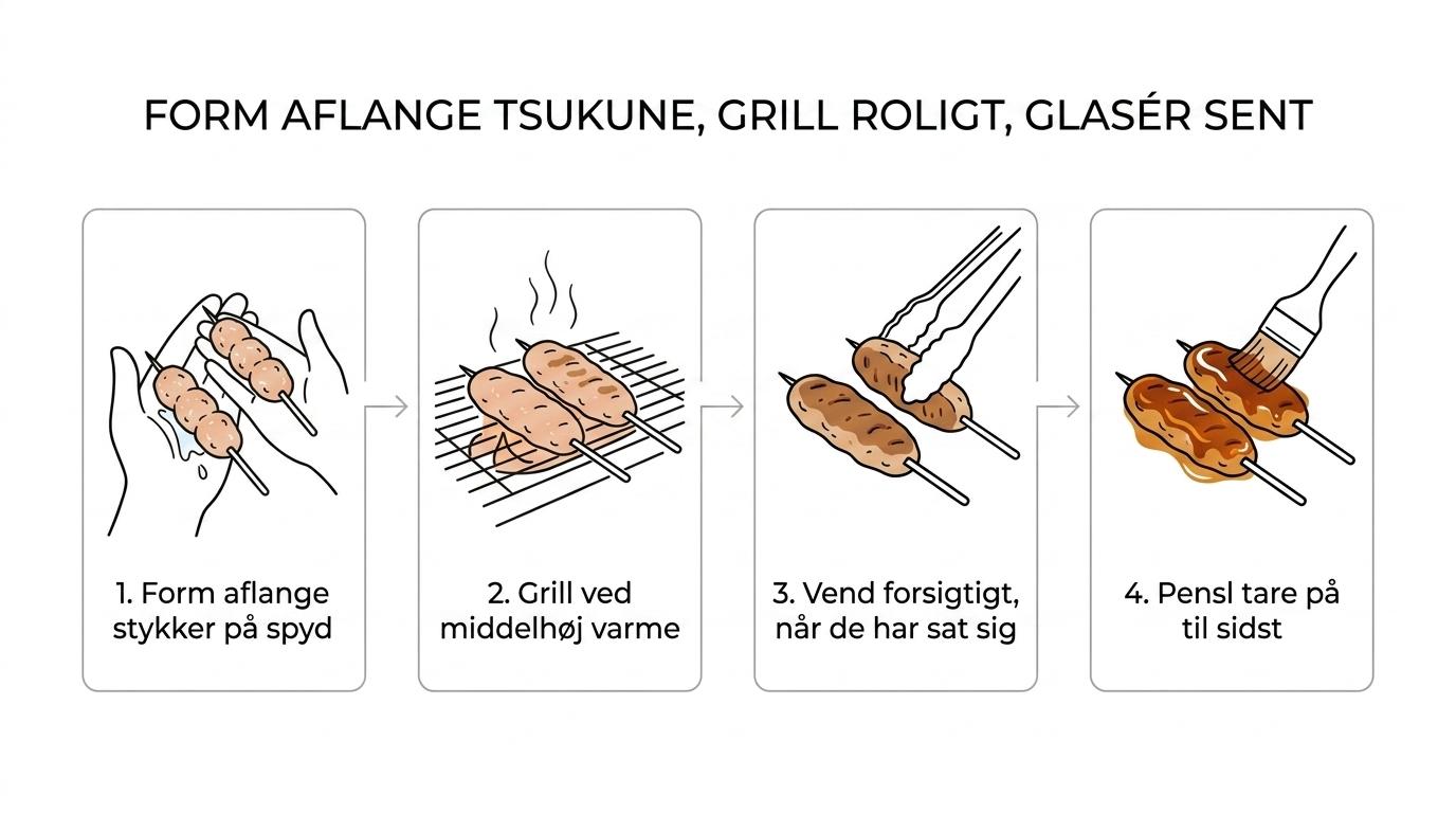 Stepvis visning af tsukune-fars, formede spyd, grillning ved middelhøj varme og pensling med tare til sidst.