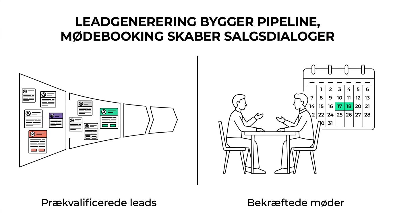 Side-by-side sammenligning af B2B leadgenerering og mødebooking på mål, output, kvalificering, timing, ressourceforbrug og KPI’er.