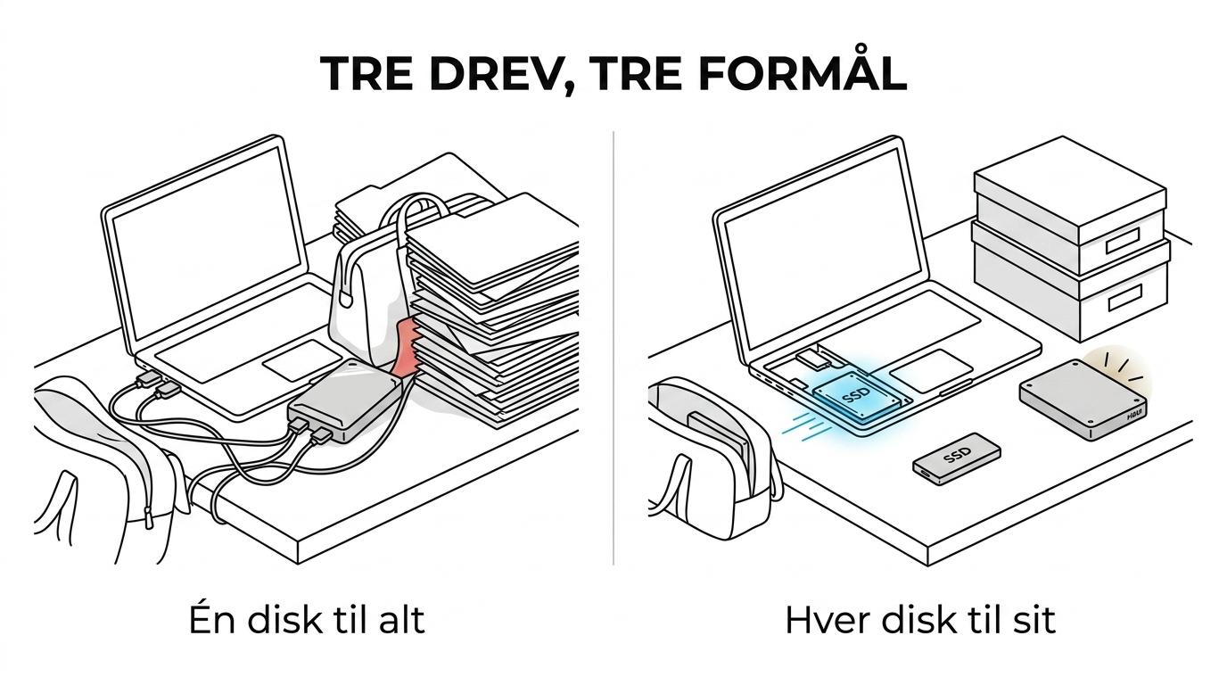 Sammenligning af intern SSD, ekstern SSD og ekstern HDD med forskelle i hastighed, mobilitet og kapacitet.