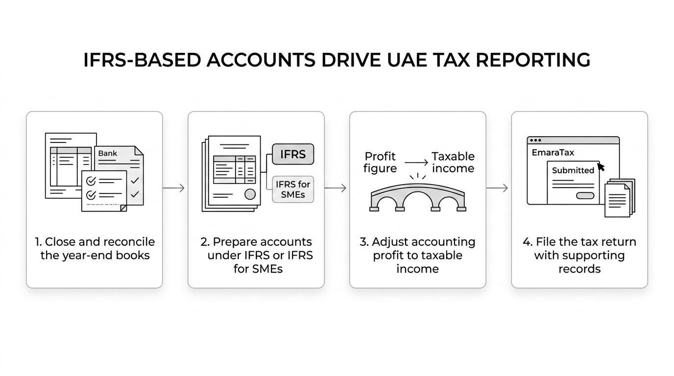 Flow diagram showing year-end ledger close, IFRS-based financial statements, tax adjustments, and EmaraTax filing readiness.